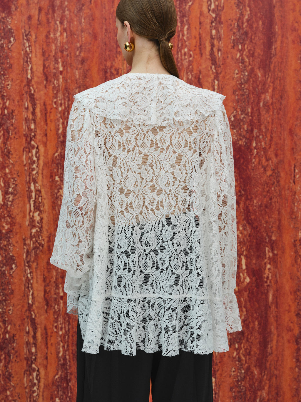 V-Neck Lace Flounce Blouse, White