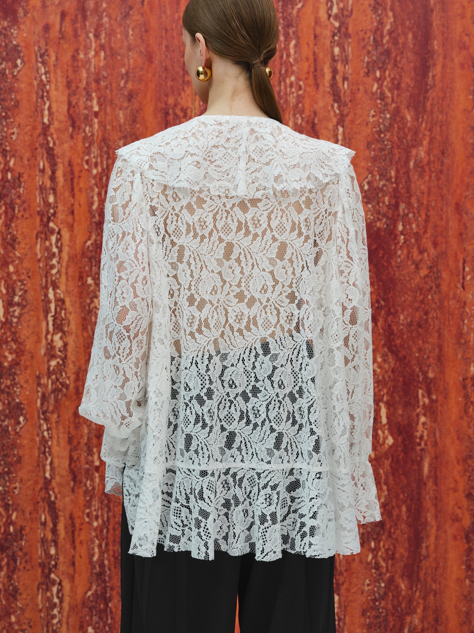 V-Neck Lace Flounce Blouse, White