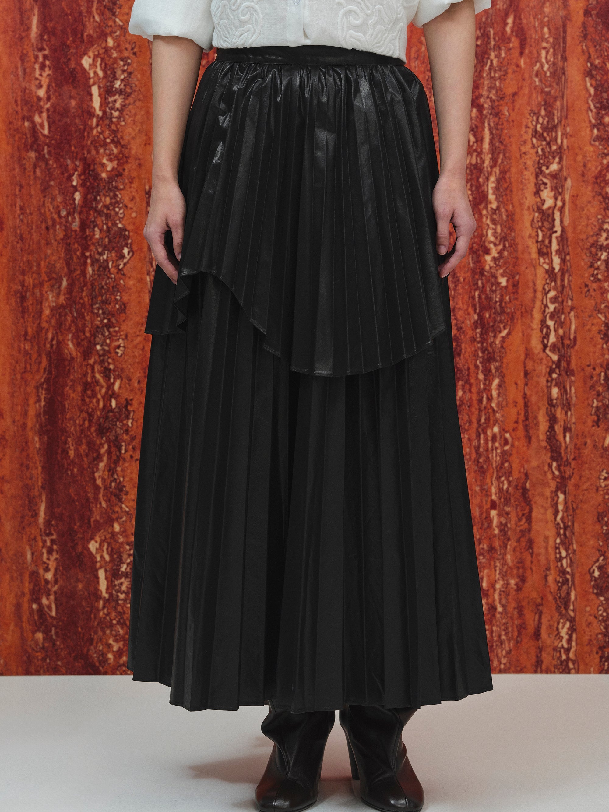 Pleated Faux-Leather Skirt, Black