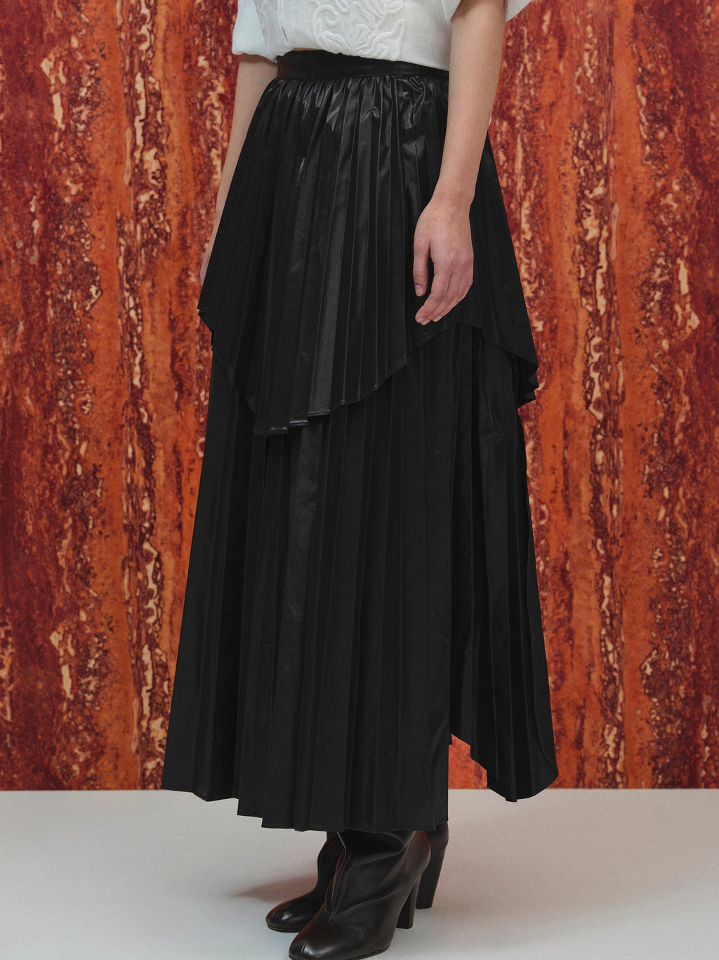 Pleated Faux-Leather Skirt, Black