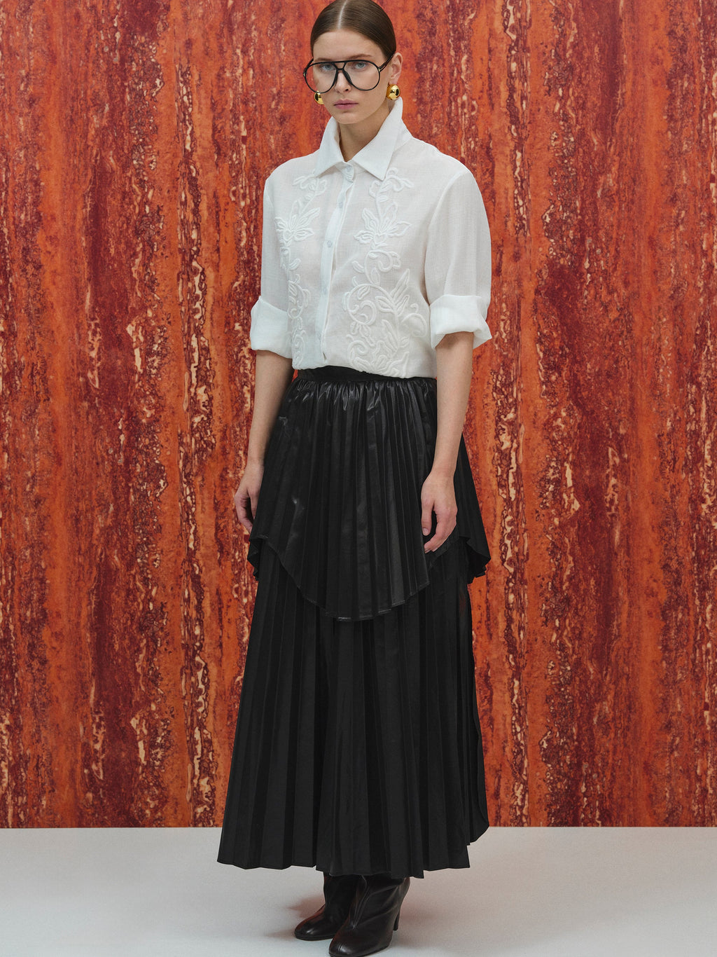Pleated Faux-Leather Skirt, Black