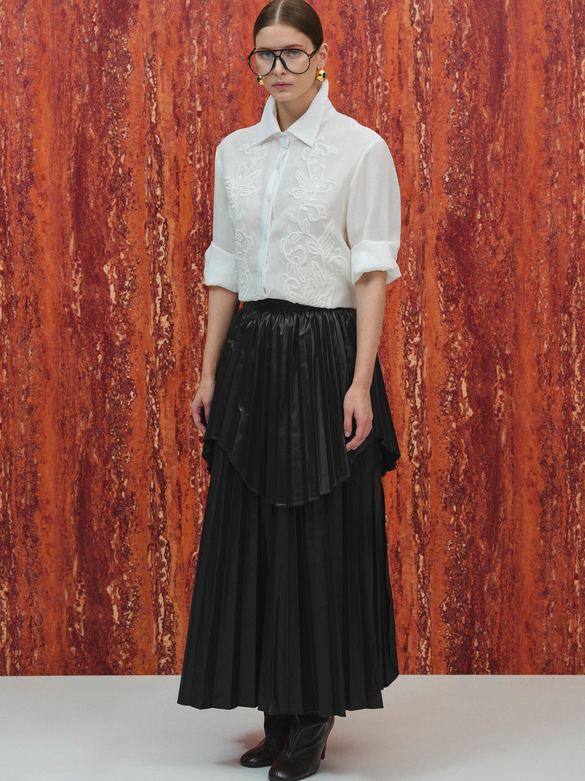 Pleated Faux-Leather Skirt, Black