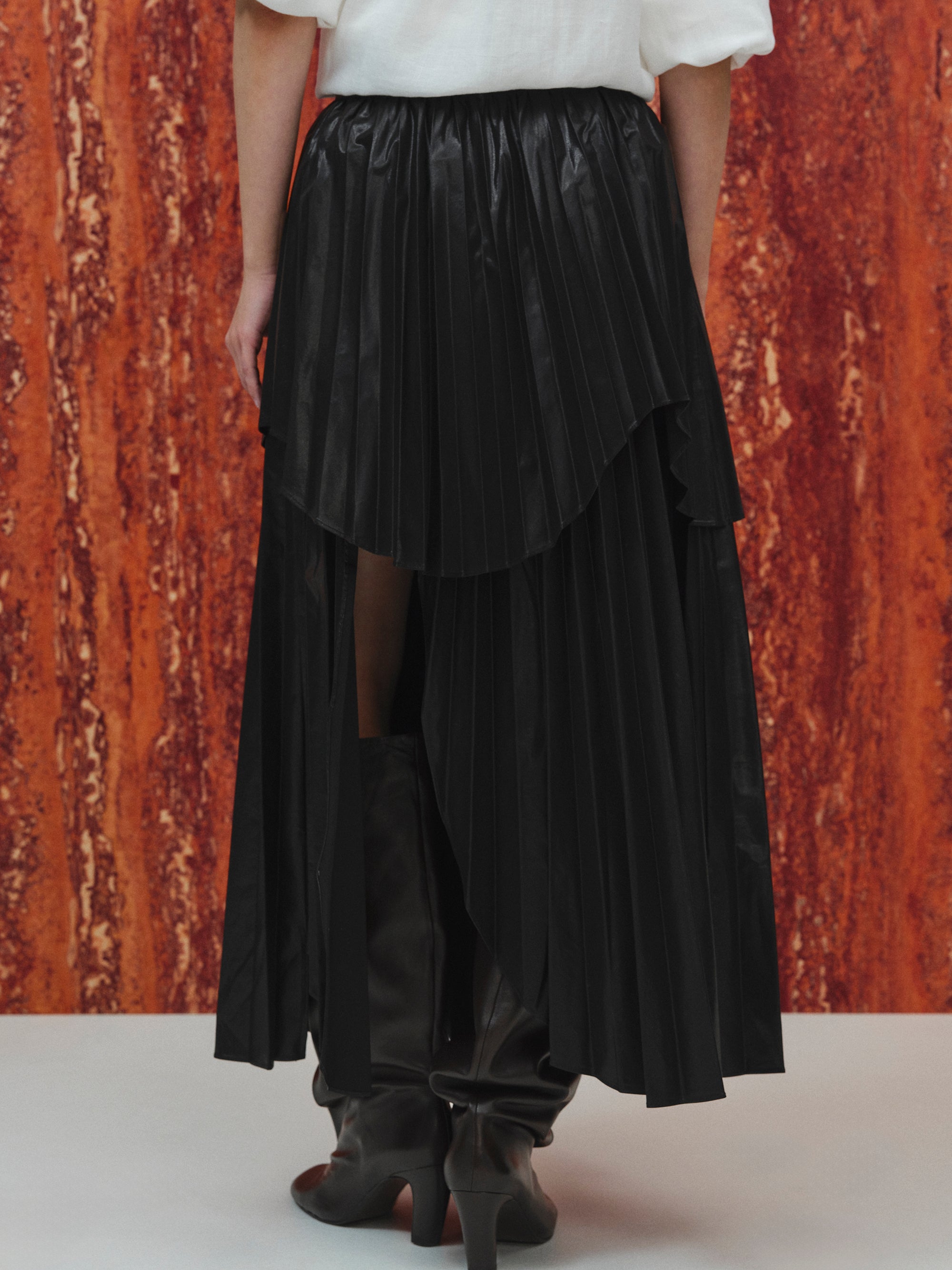 Pleated Faux-Leather Skirt, Black