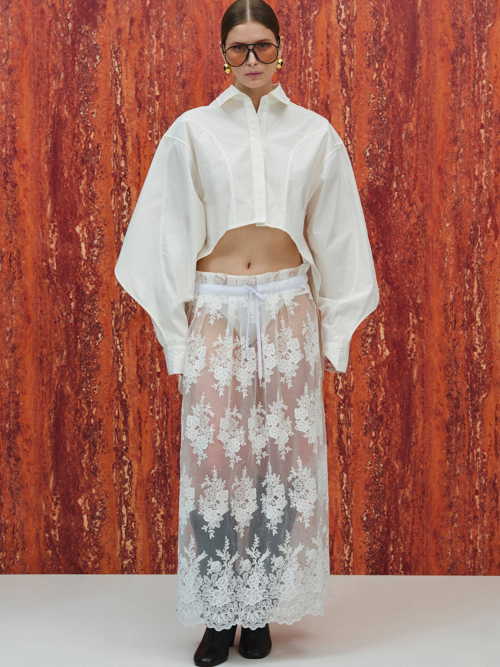 Illustration Lace Tulle Skirt, White