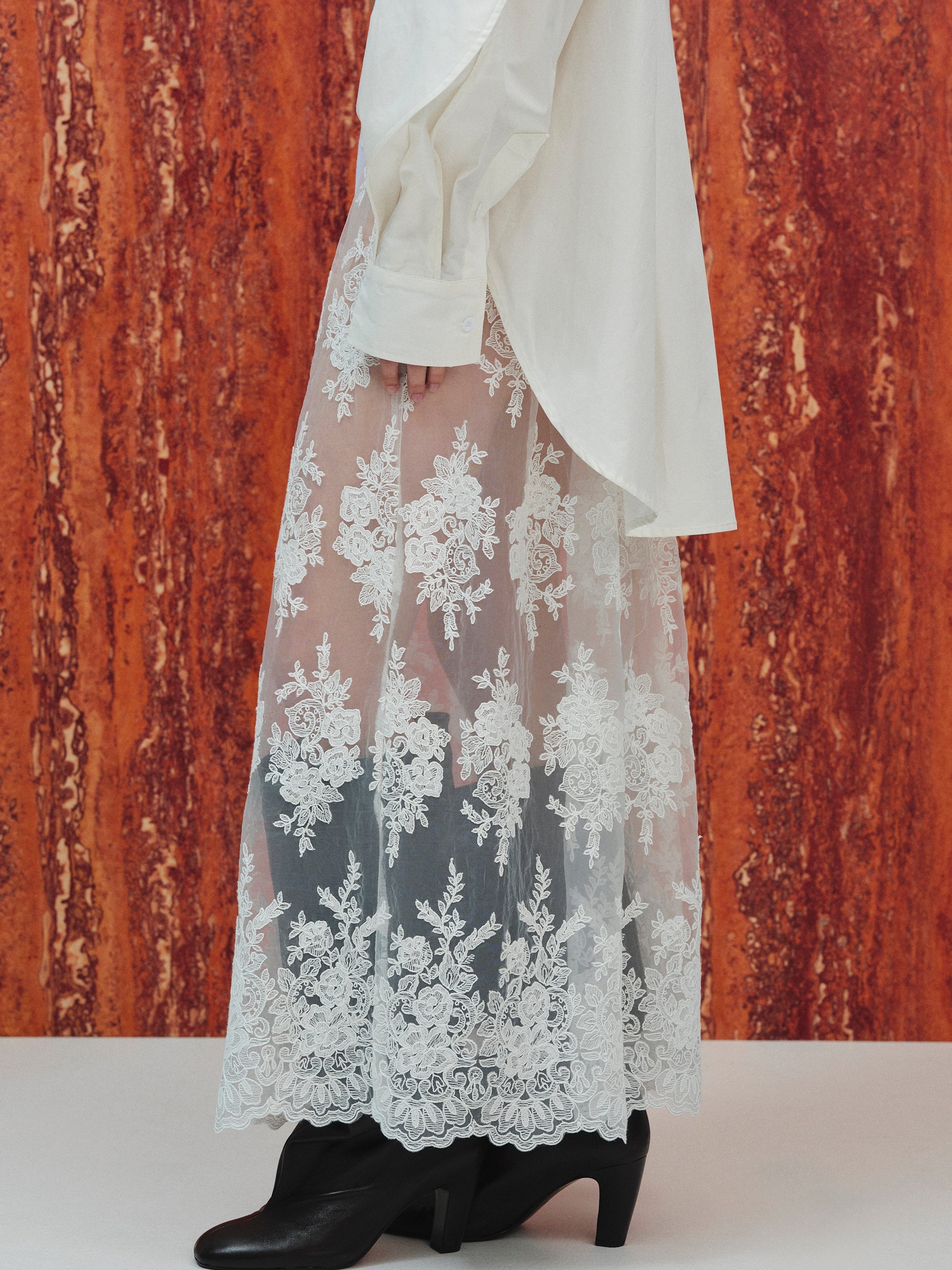 Illustration Lace Tulle Skirt, White