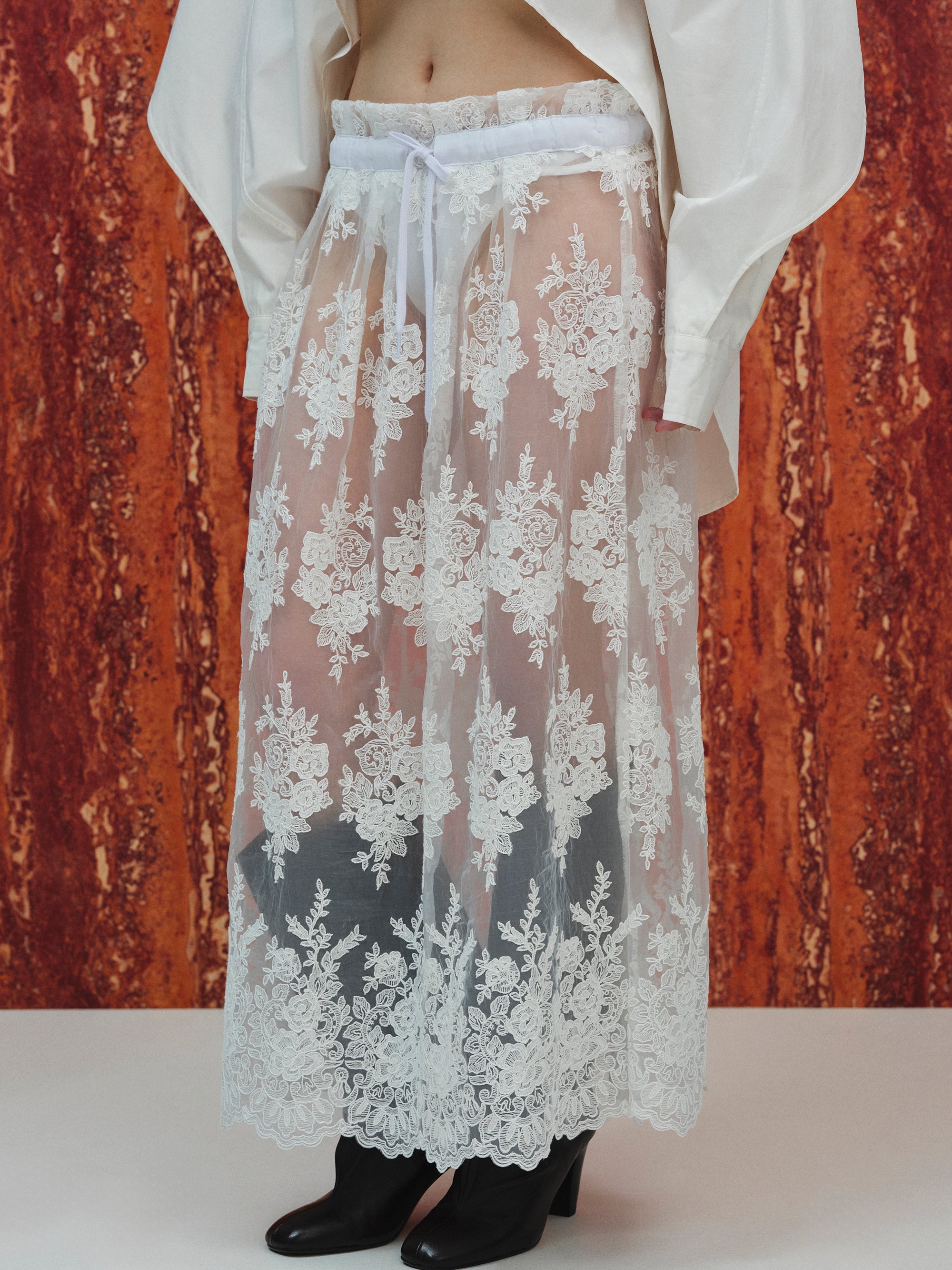 Illustration Lace Tulle Skirt, White