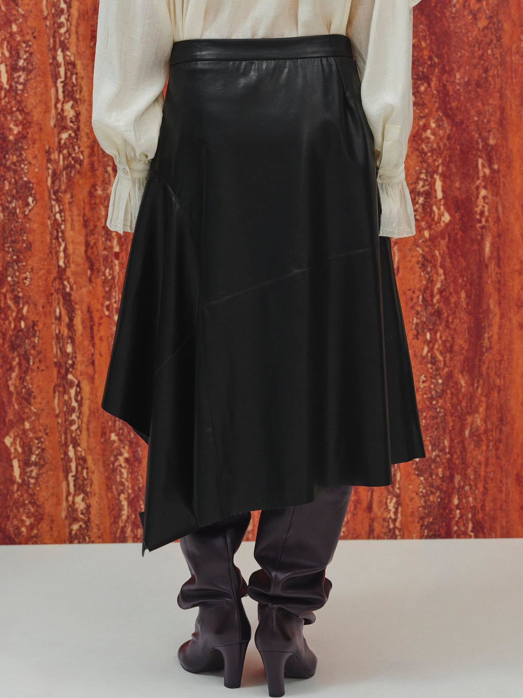 Asymmetrical Drape Faux-Leather Skirt, Black