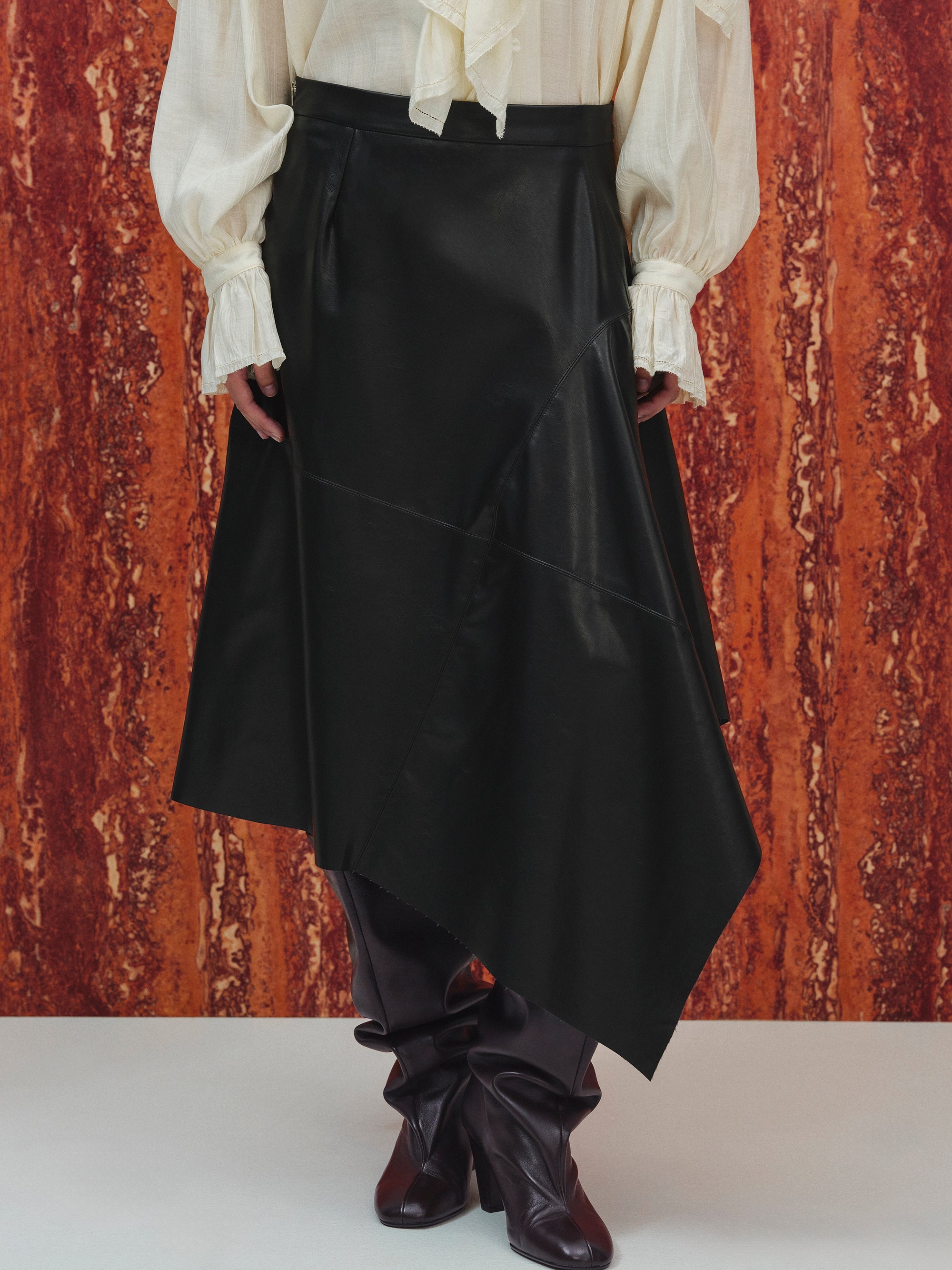 Asymmetrical Drape Faux-Leather Skirt, Black
