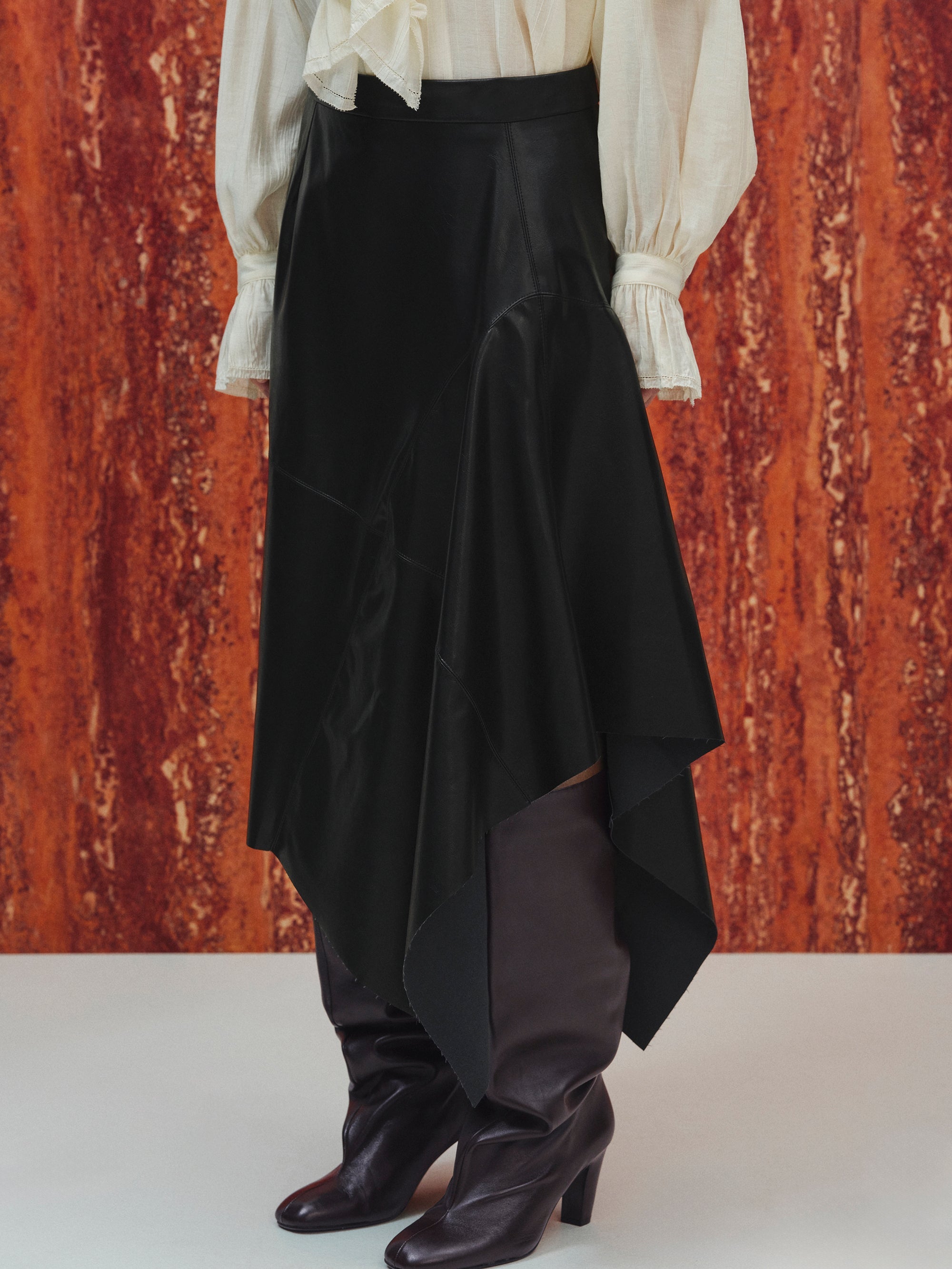 Asymmetrical Drape Faux-Leather Skirt, Black