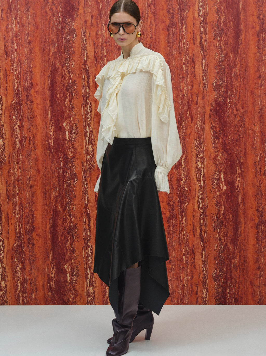 Asymmetrical Drape Faux-Leather Skirt, Black