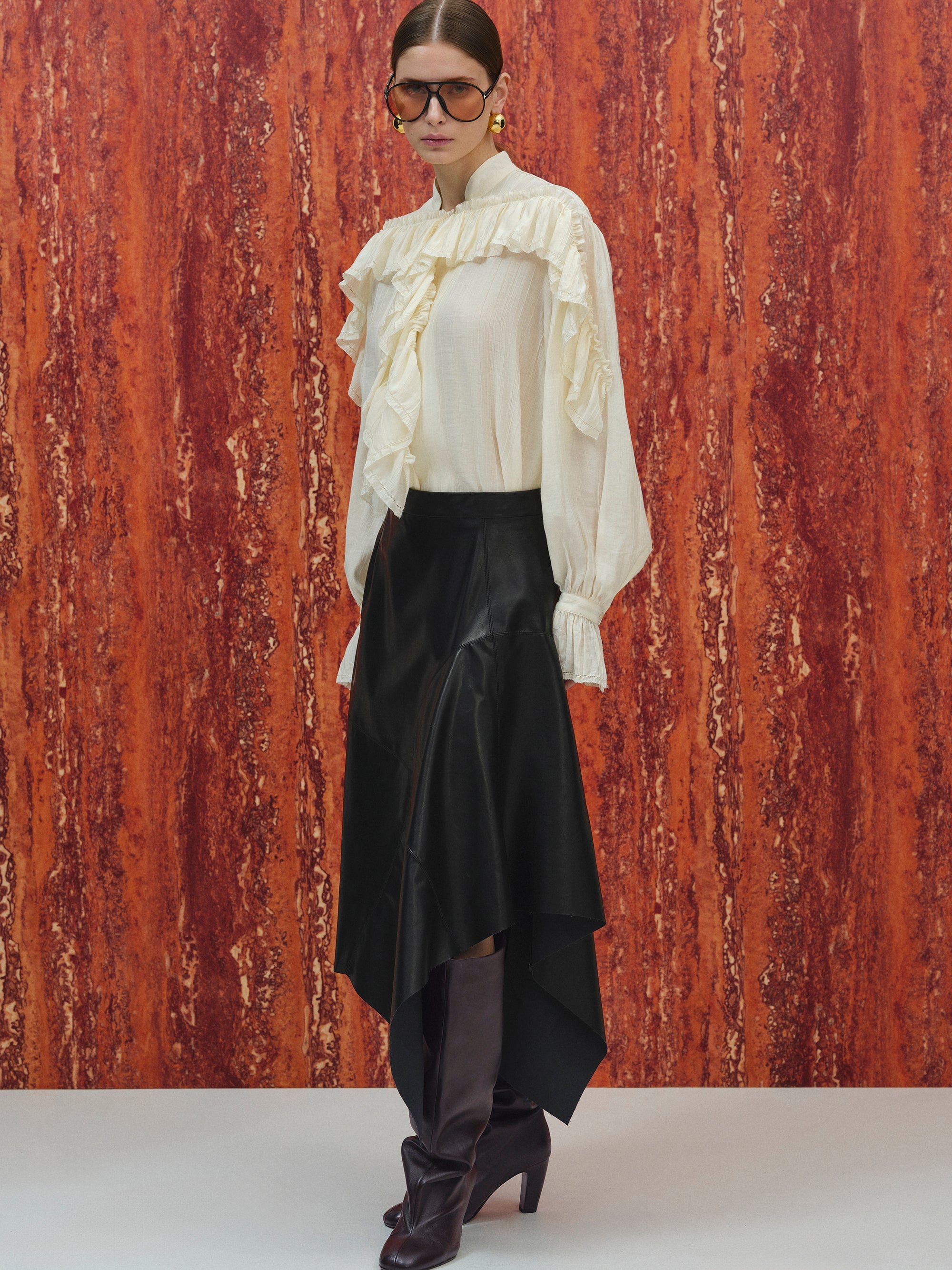 Asymmetrical Drape Faux-Leather Skirt, Black