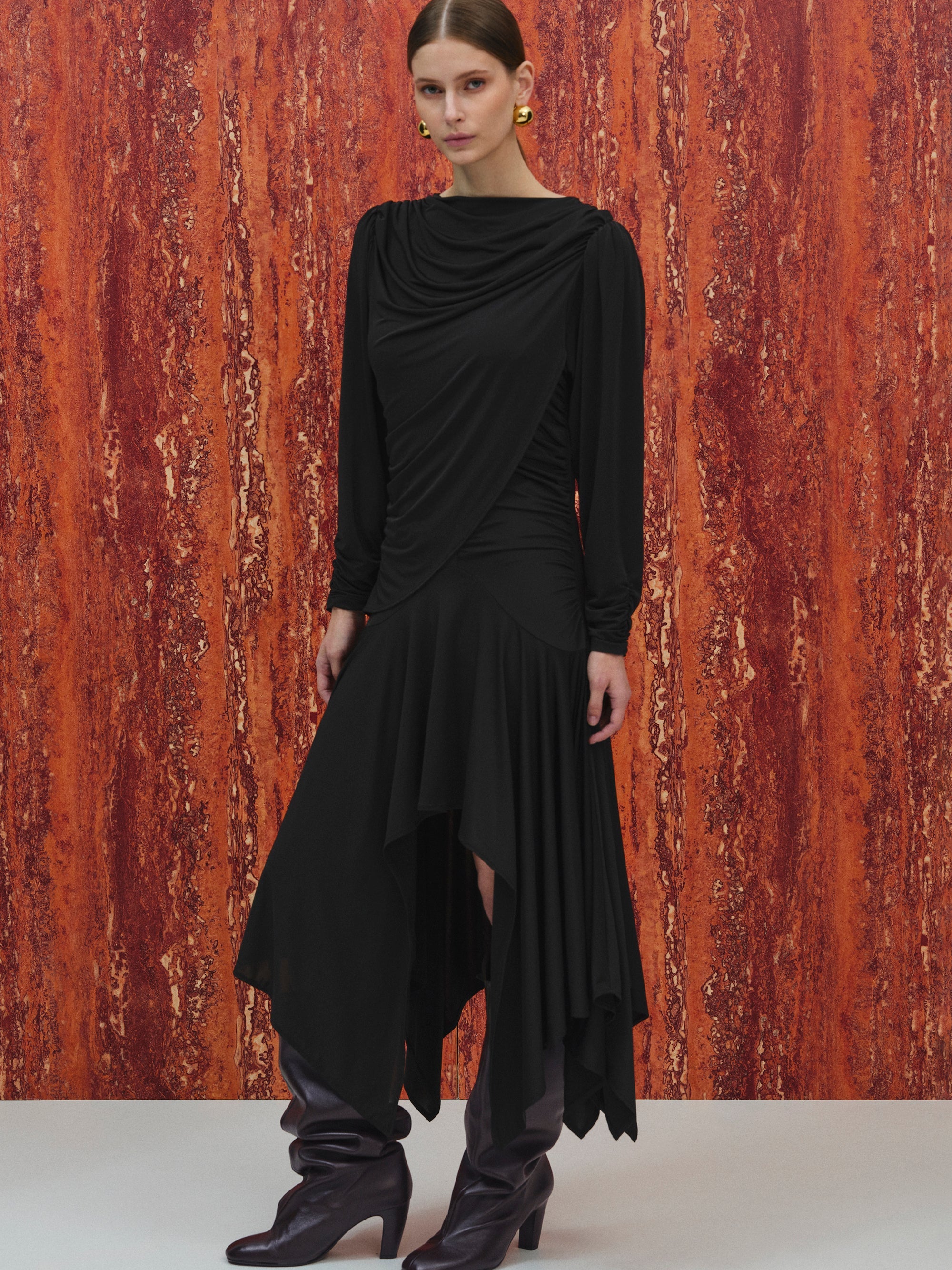 Draped Jersey Dress, Black