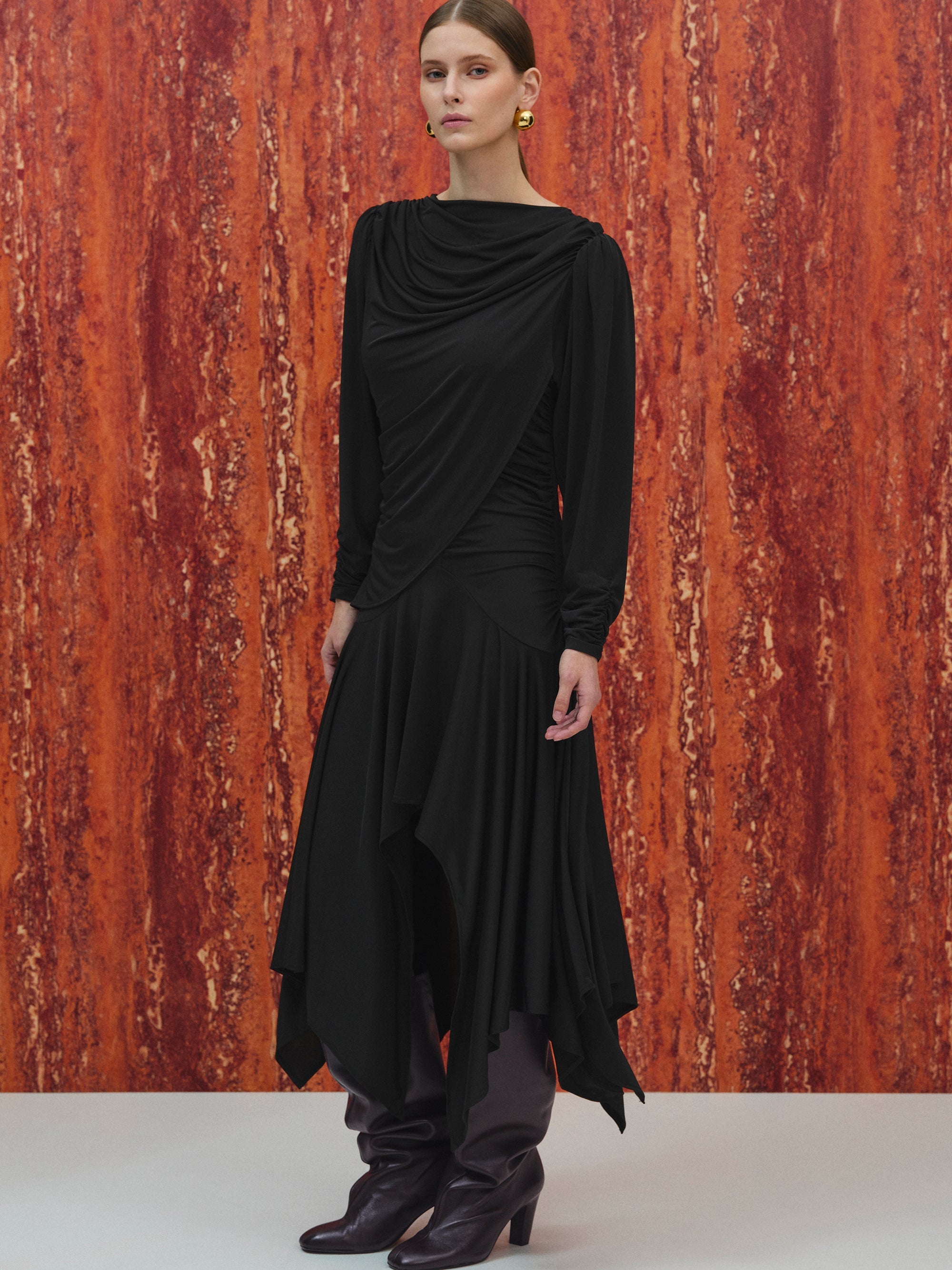 Draped Jersey Dress, Black