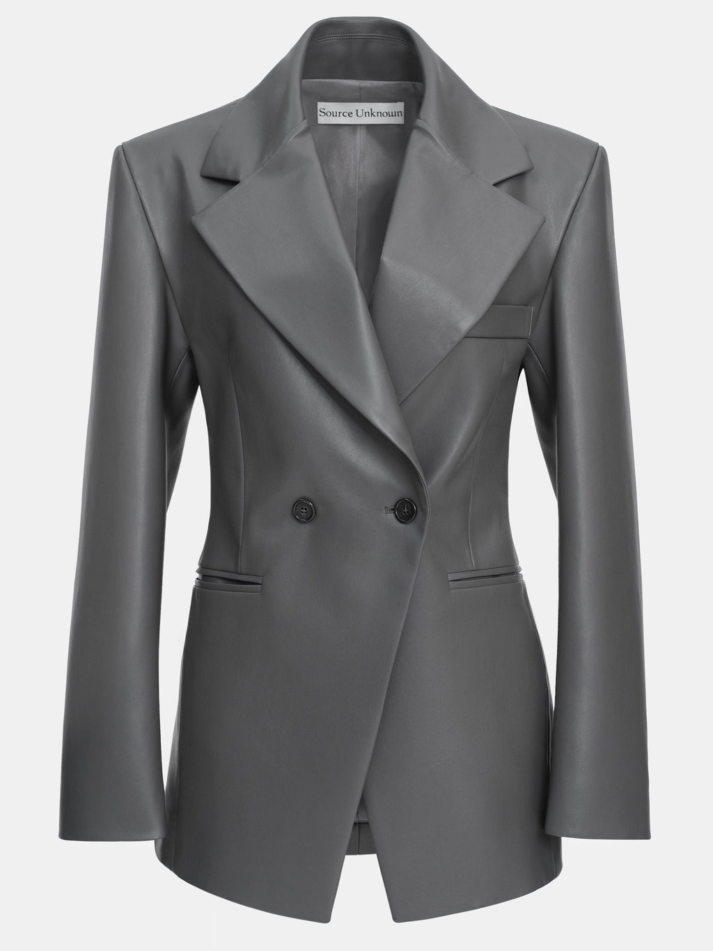 Faux-Leather Cinched Blazer, Grey