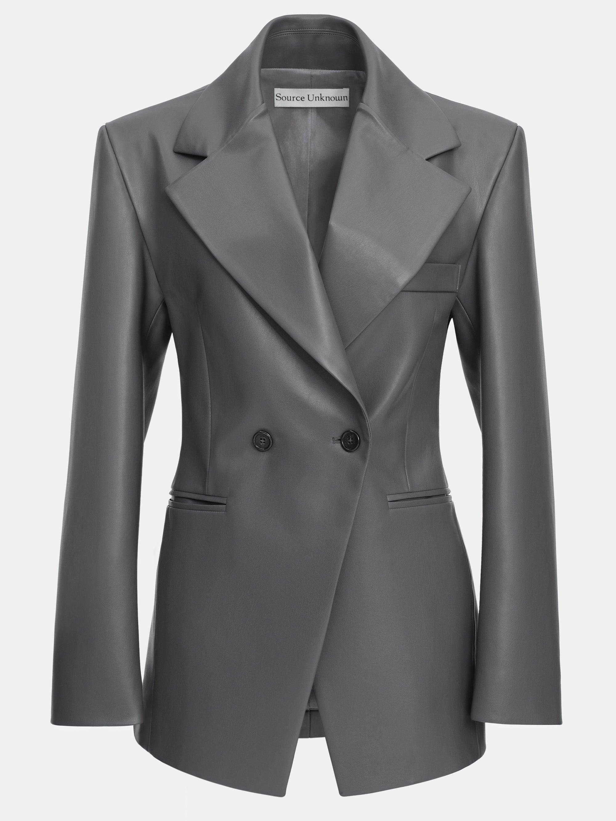 Faux-Leather Cinched Blazer, Grey