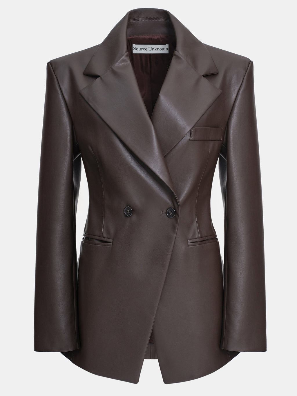 Faux-Leather Cinched Blazer, Chocolate