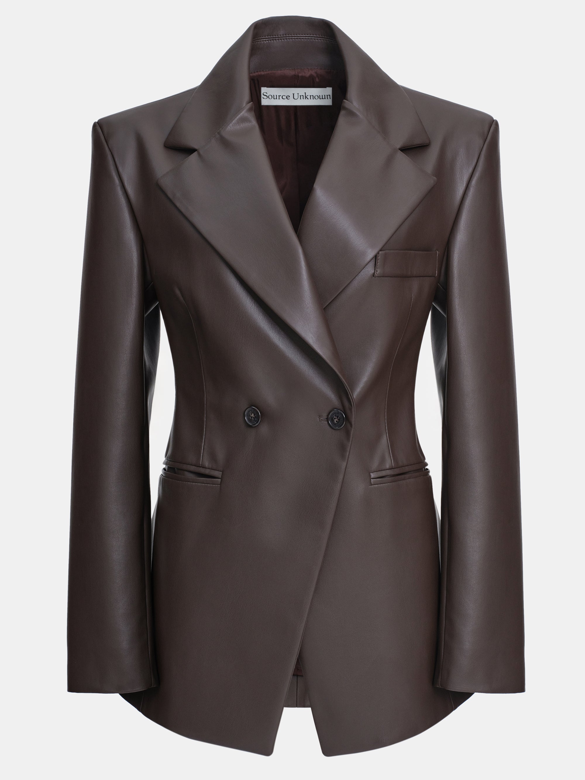 Faux-Leather Cinched Blazer, Chocolate