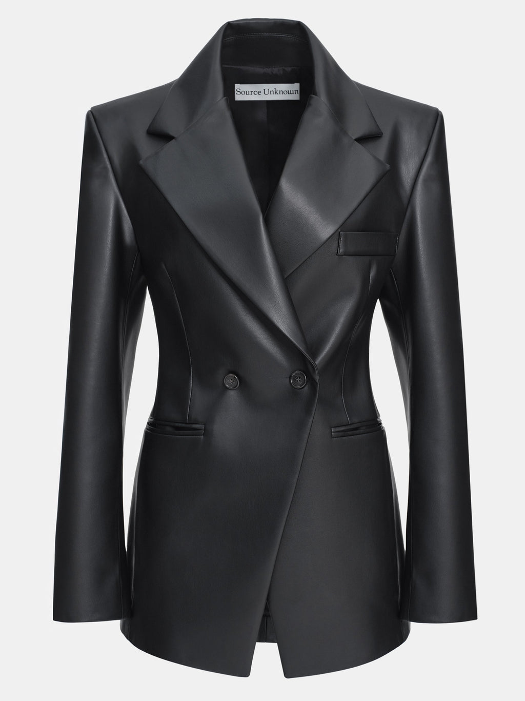 Faux-Leather Cinched Blazer, Black