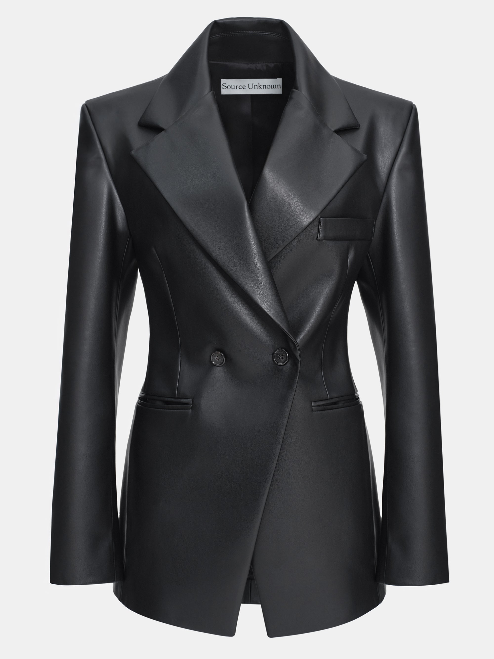Faux-Leather Cinched Blazer, Black