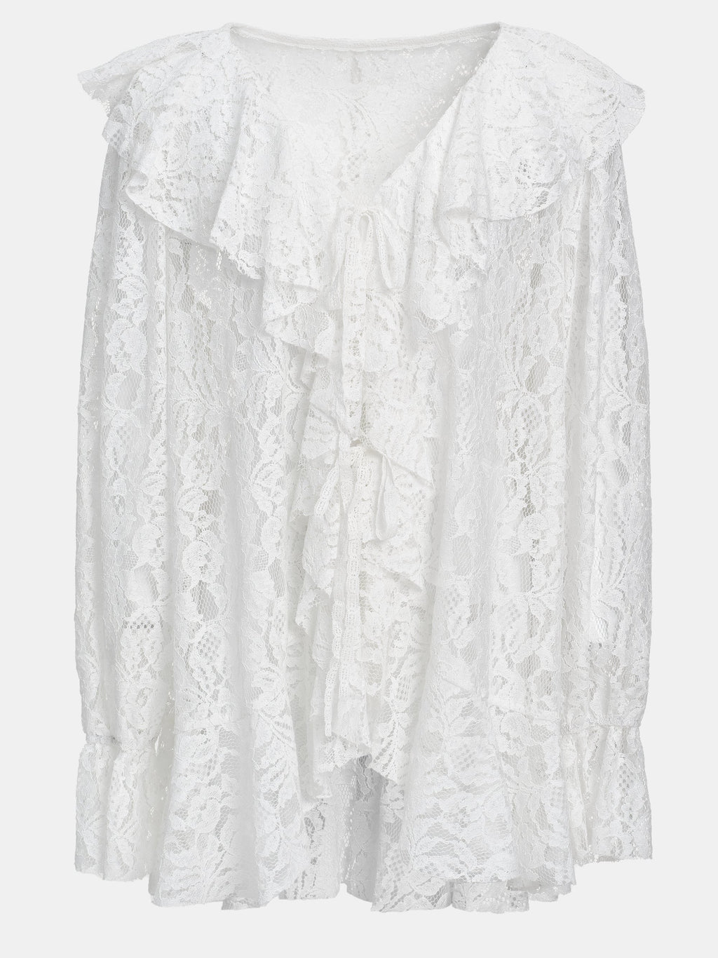 V-Neck Lace Flounce Blouse, White