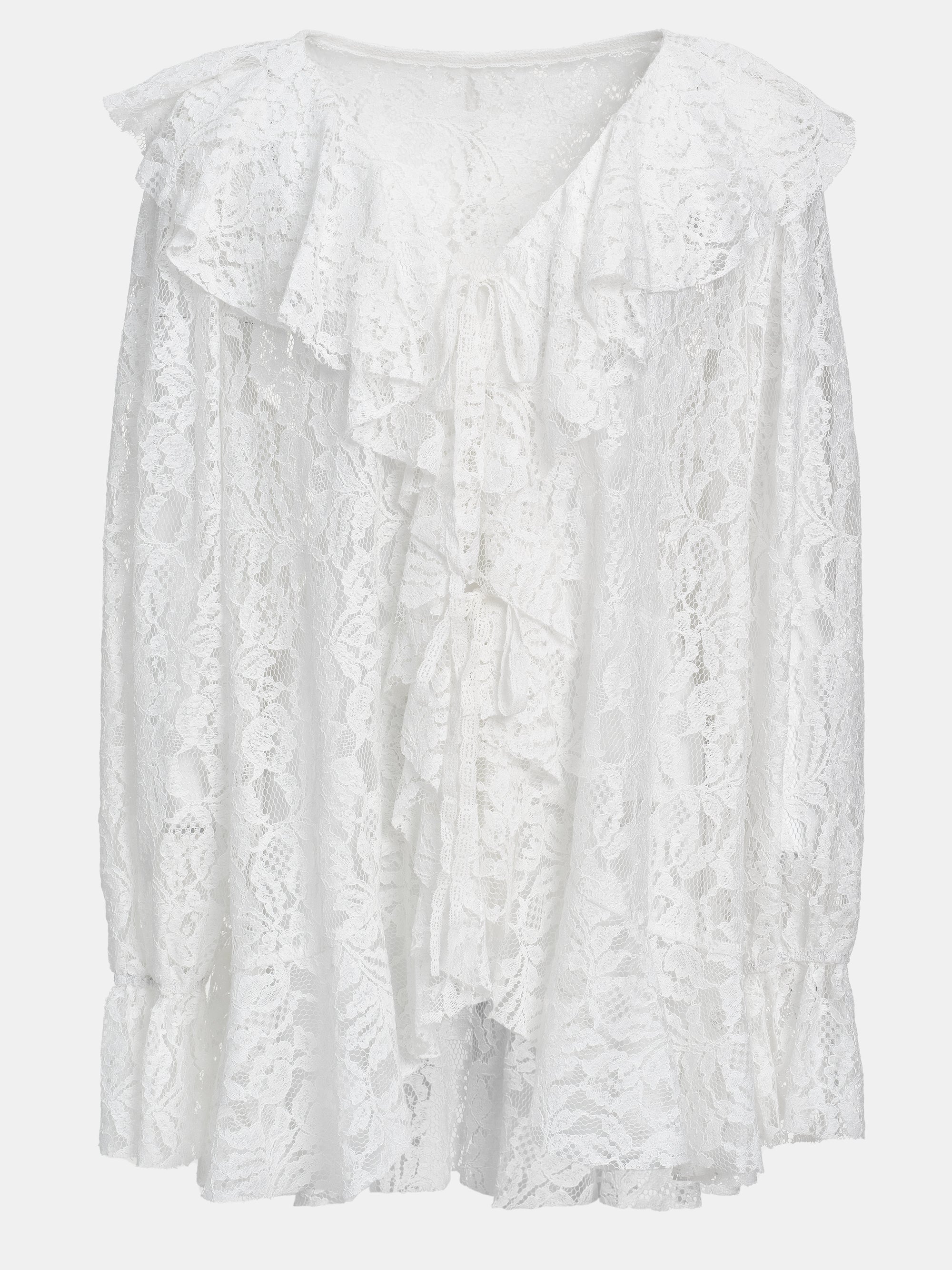 V-Neck Lace Flounce Blouse, White