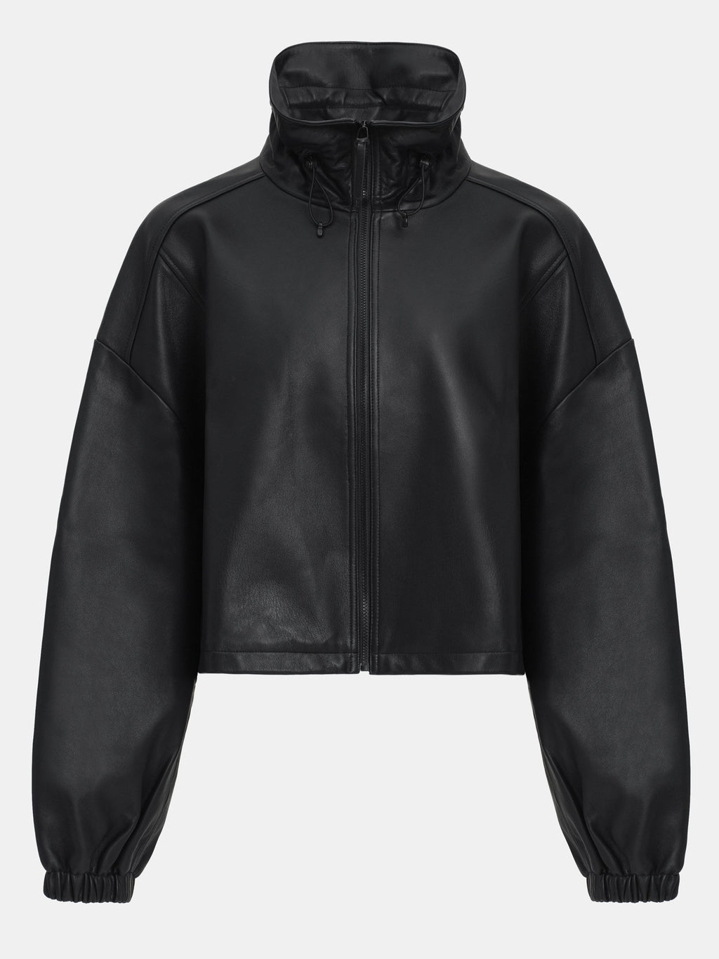 Drawstring Neck Leather Jacket, Black