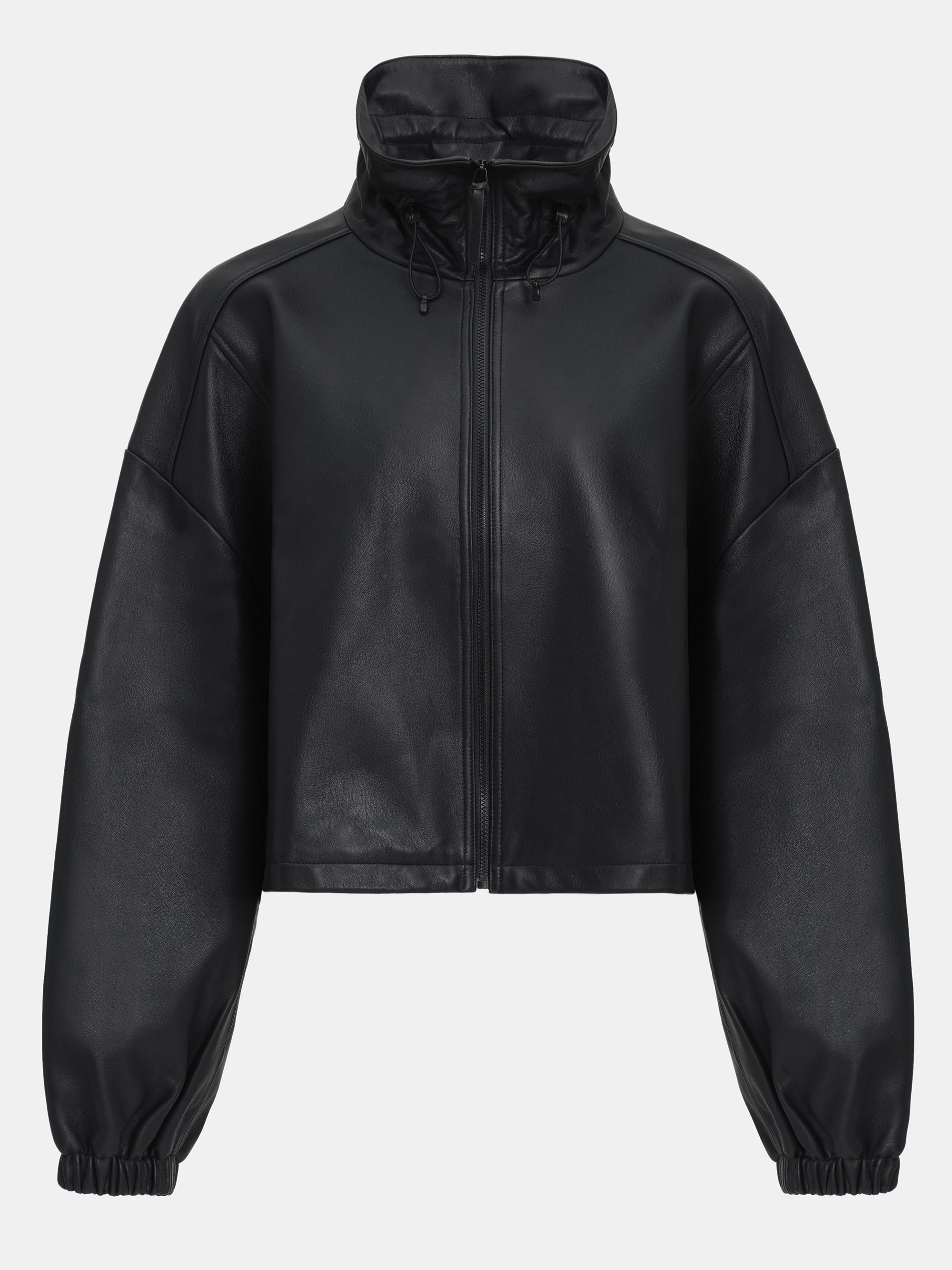 Drawstring Neck Leather Jacket, Black