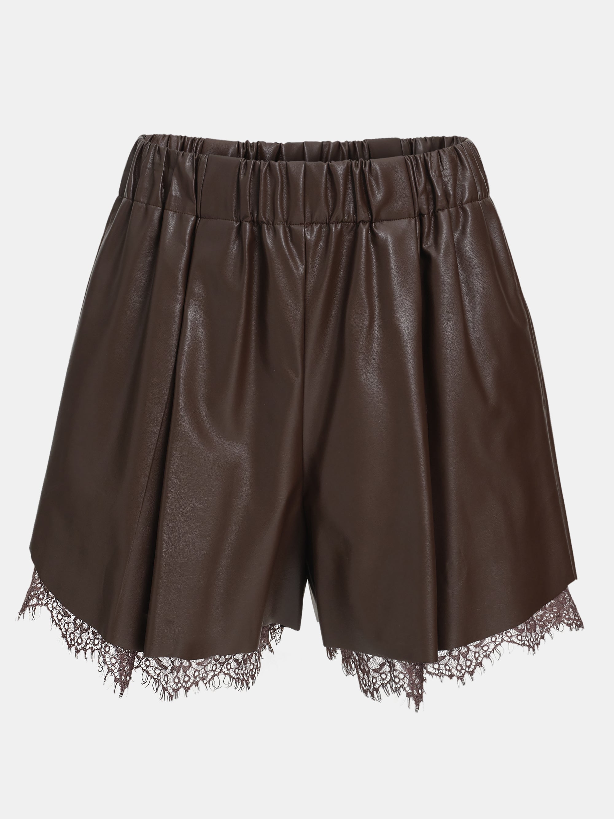 Elastic Faux-Leather Lace Shorts, Brown
