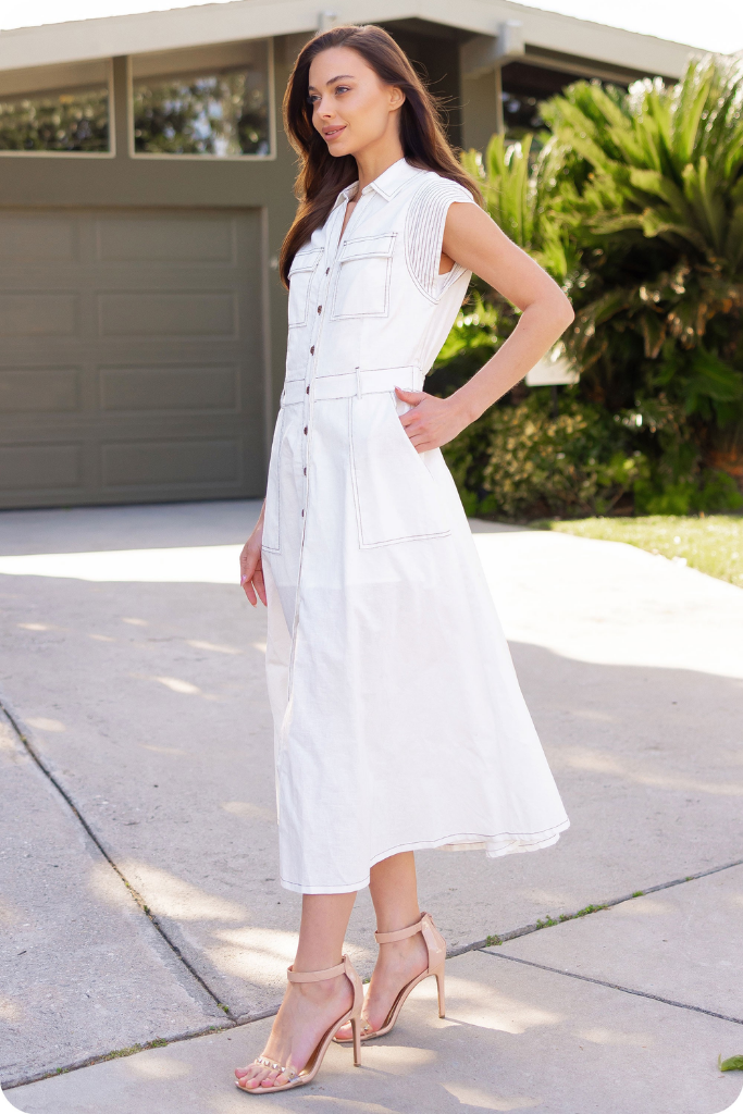Sleeveless Midi Dress in Off White